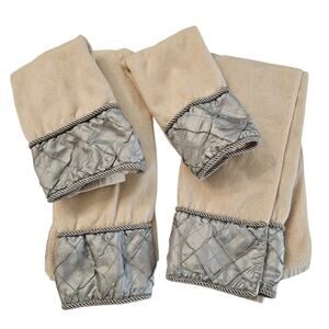 2 Sets of Vintage Hand Towels and Washcloths Cream and Satin Blue Quilted